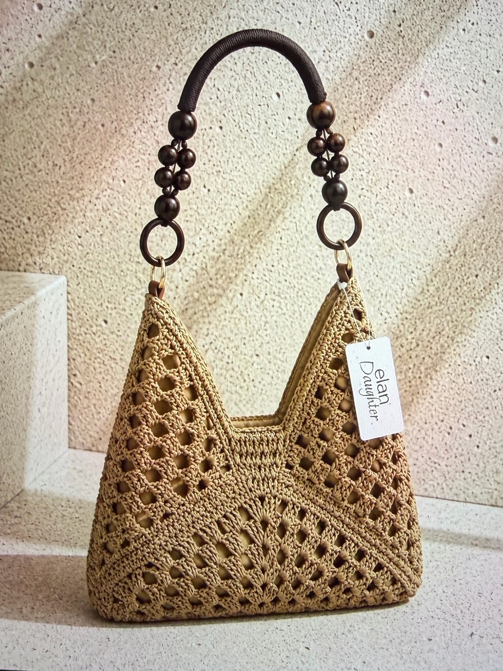 Handwoven Crochet Shoulder Bag in Tan - NWT